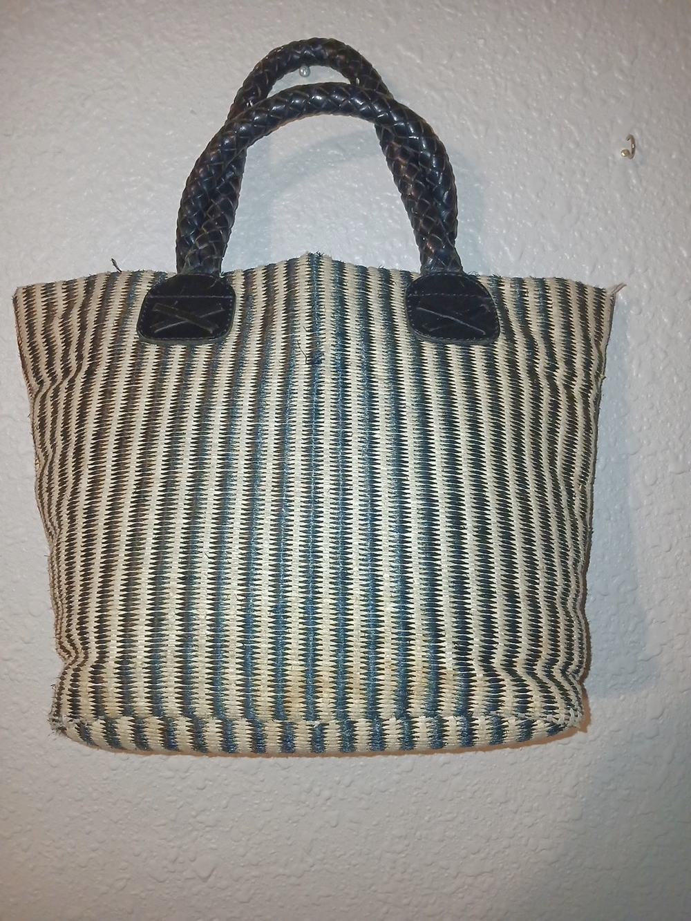 Woven Straw Tote Bag with Black Braided Handles